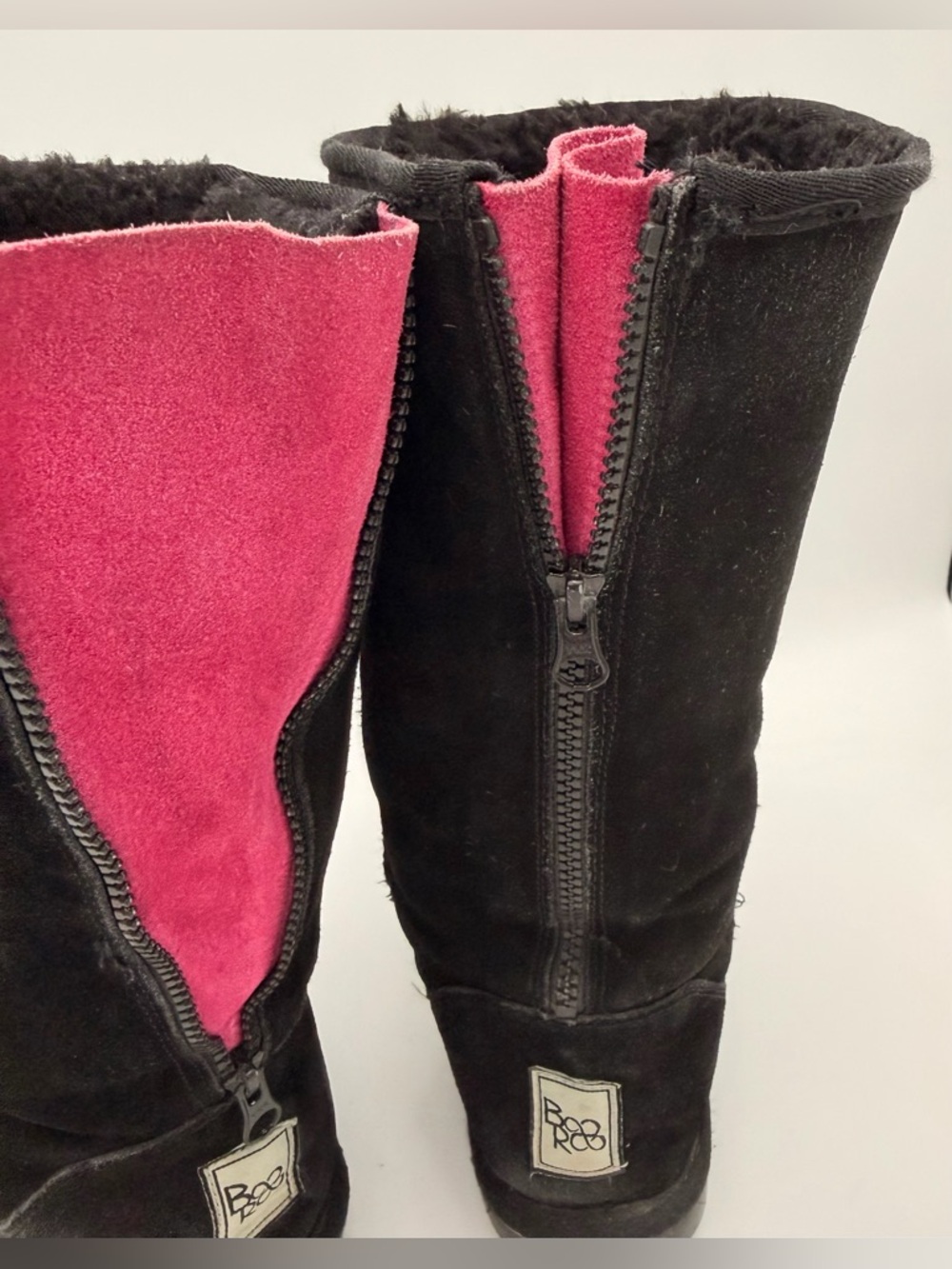 BooRoo Bliss Tall Black Suede Boots with Pink Suede Peekaboo Size 9